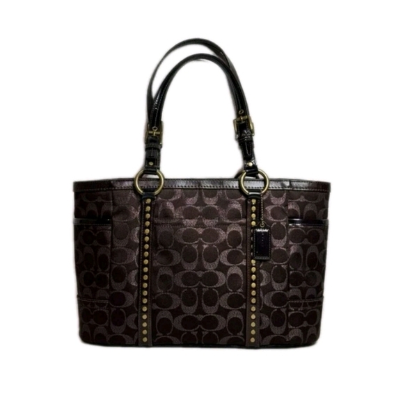 Coach Signature C Studded Metallic Brown Jacquard Leather Tote Y2K Bag - Picture 1 of 16